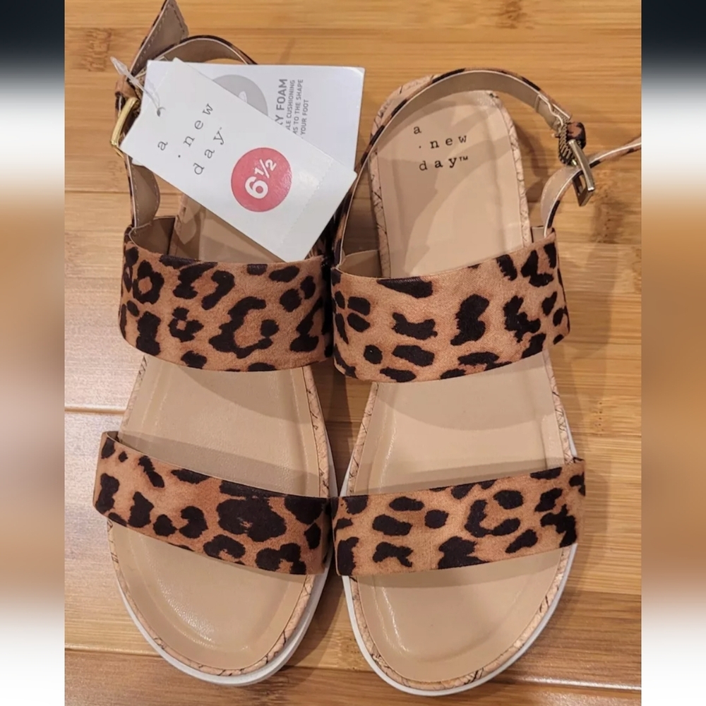 Women's Malia Leopard Print Two Strap Ankle Sandals - a New Day Brown Size 6.5